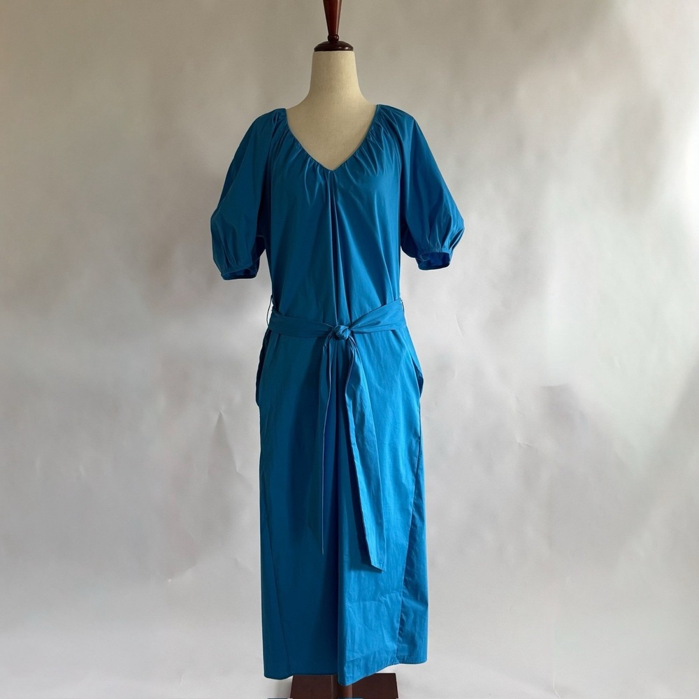 Alex Marie x Brrr Womens Puff Sleeve‎ Midi Dress Sm Blue Belted Vacation Summer
